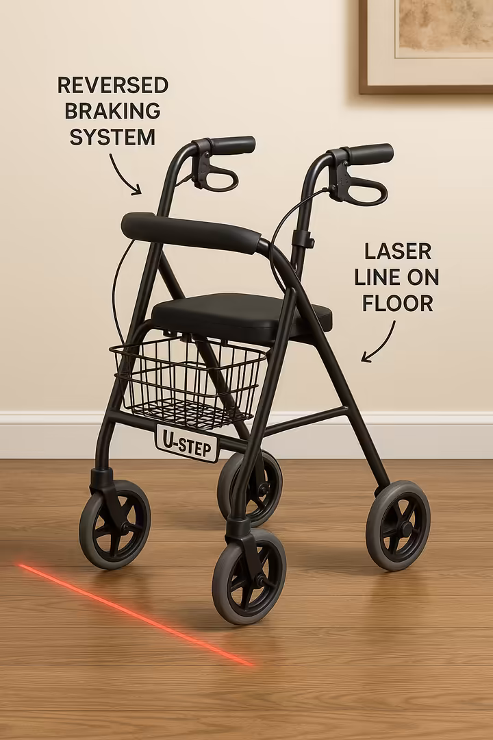 Specialized U-Step walker designed for individuals with Parkinson's disease, showing its unique features like a laser line.